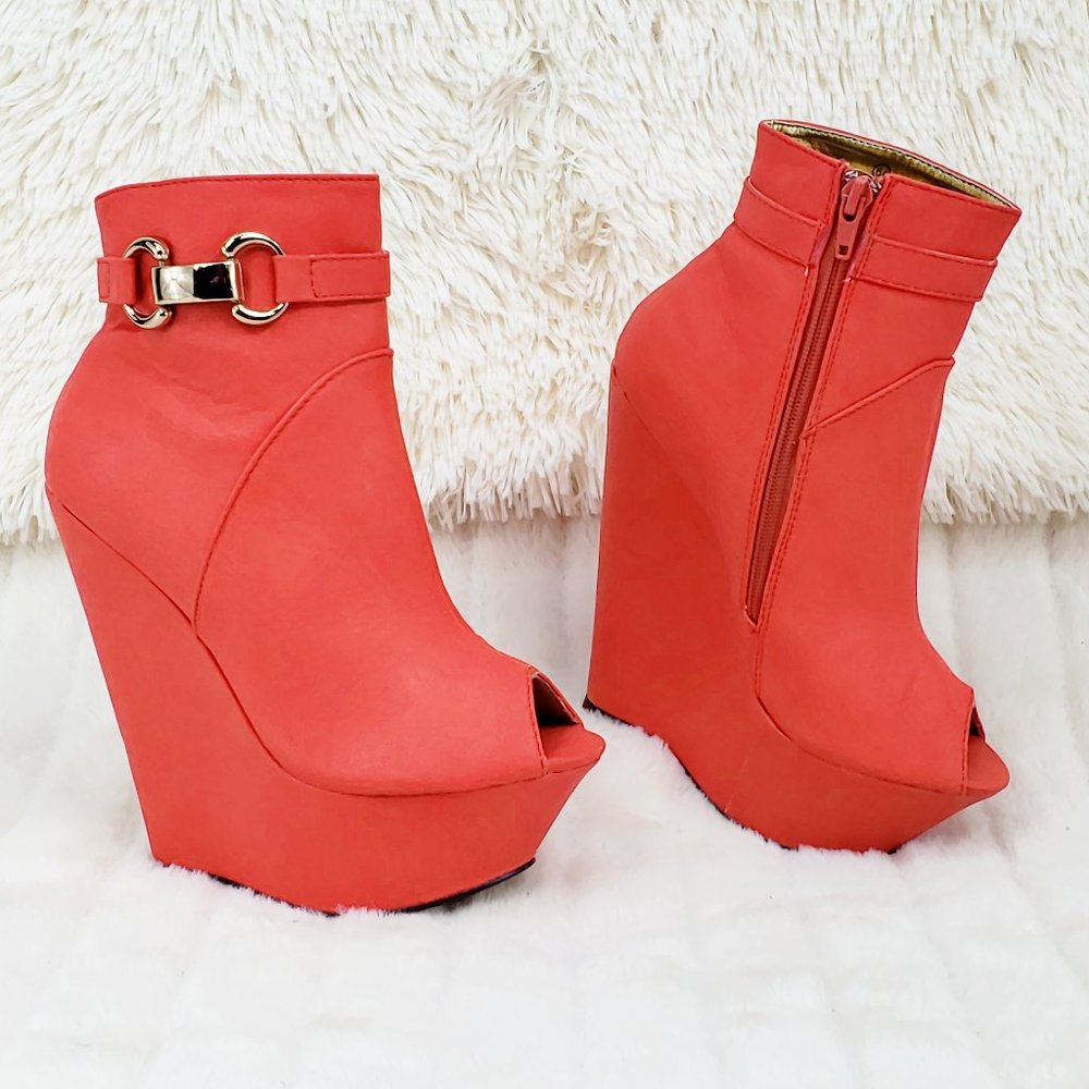 Orange Coral Open Toe High Heel Wedge Ankle Boots